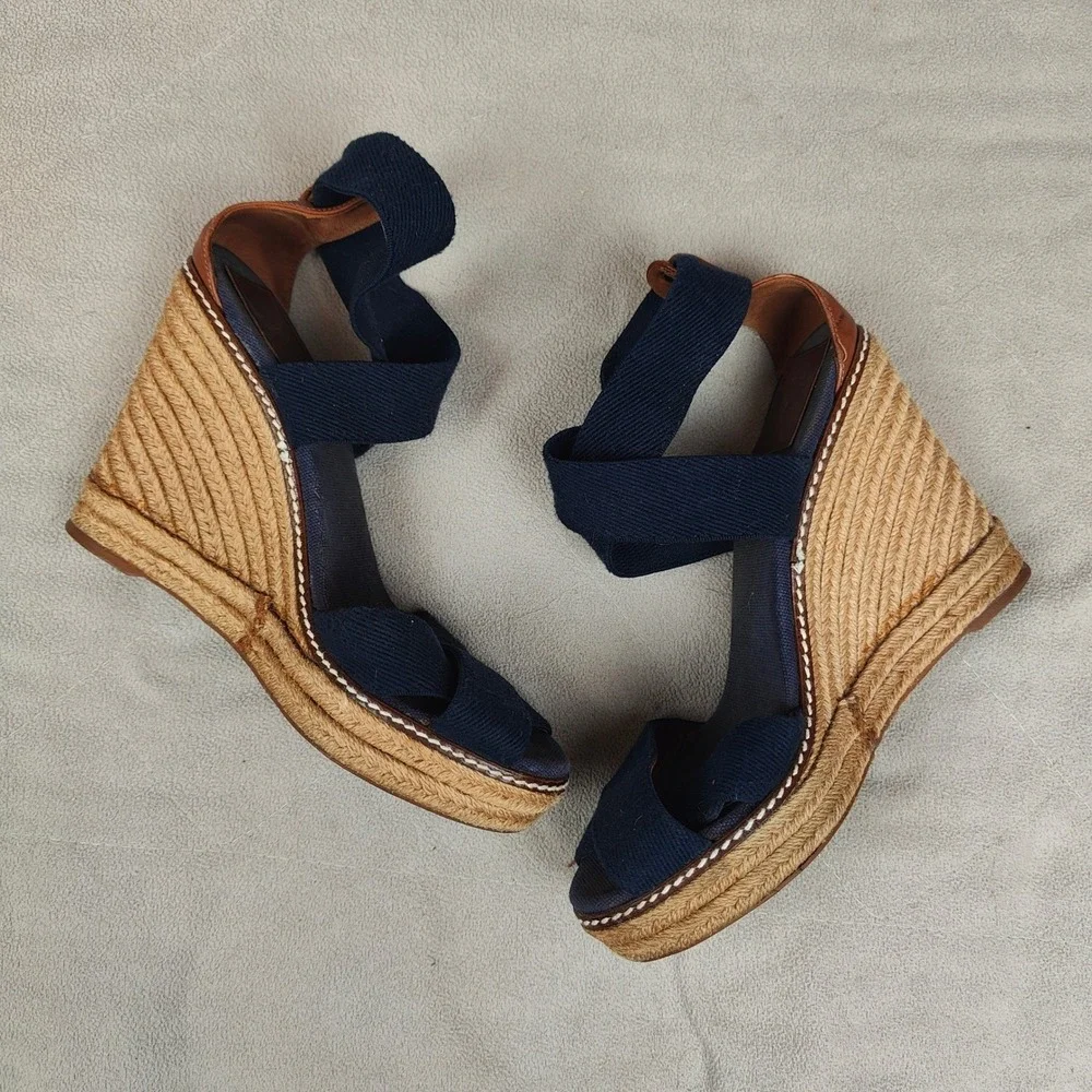 Tory Burch Frieda Espadrille Wedge‎ Sandals Womens 8.5B Navy Blue Strappy Beachy